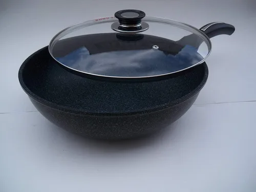 Vista 2 de Wok de cerámica con revestimiento de mármol fundido de aluminio antiadherente con tapa de cristal, 9.4 in