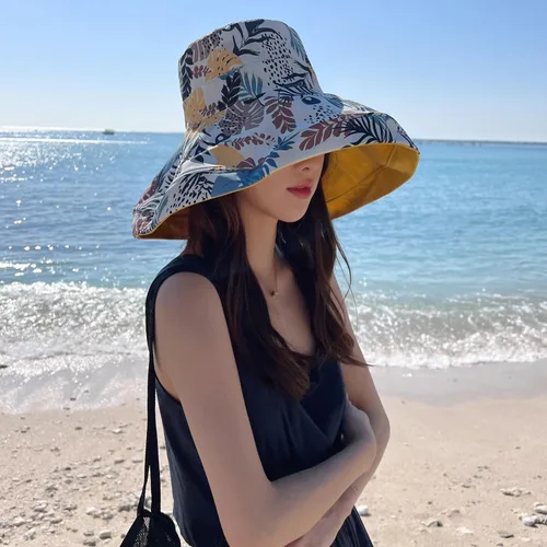 Vista 21 de Sombrero de sol de ala súper ancha para mujer, de algodón, plegable, reversible, con borde con cable, protección UV, verano, playa, viajes, jardín