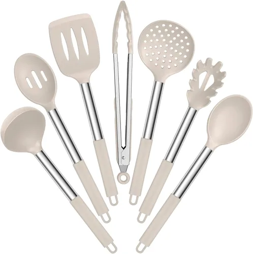 Vista 10 de E-far Juego de utensilios de cocina de silicona, 7 piezas de utensilios de cocina resistentes al calor con mango de acero inoxidable, espátula