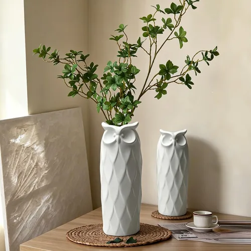 Vista 4 de Juego de 2 jarrones de cerámica con diseño de búho para sala de estar, dormitorio, 9.45'' y 8.27'', jarrones modernos blancos para plantas y flores