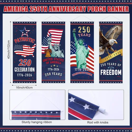 Vista 2 de Panelee 4 pancartas decorativas para el 250 aniversario de la bandera patriótica de Estados Unidos, para porche, telón de fondo colgante para el Día