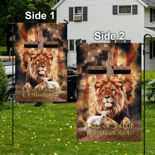 Vista 3 de Bandera estadounidense con cruz "Judah Lamb Of God" v1, de 11.5 x 17.5 pulgadas para jardín, banderas de Estados Unidos de poliéster prémium