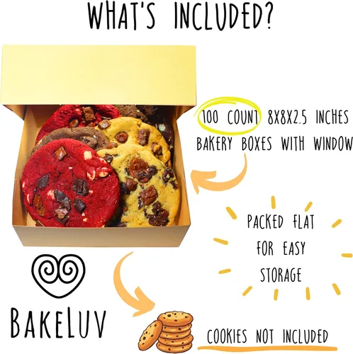 Vista 2 de BAKELUV Paquete de 100 cajas de panadería marrones de 8 x 8 x 2.5 pulgadas con ventana, cajas de galletas, pasteles, postres, golosinas, alimentos