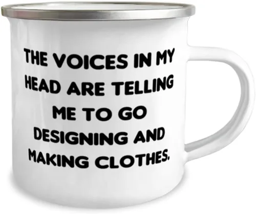 Vista 2 de Funny Designing and Making Clothes Gifts, The Voices in My Head are, Gag Birthday 12oz Camper Mug For Men Women, From Friends, Clothing design