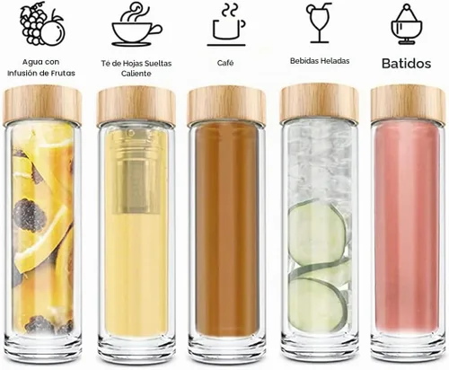 Vista 2 de Botella de té COMI, 14 oz, vidrio de borosilicato, de doble pared, con infusor y colador, tapa de bambú, 400ml