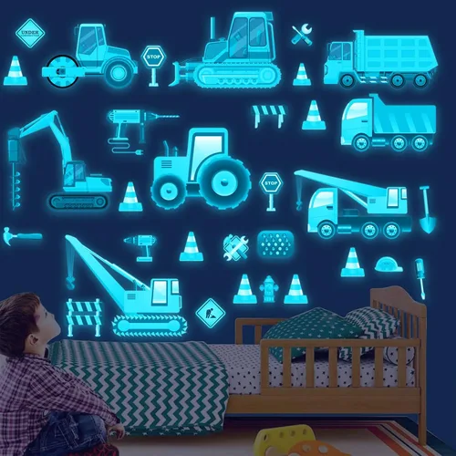Vista 7 de Calcomanías de pared de construcción que brillan en la oscuridad, calcomanías de pared de construcción luminosas, calcomanías autoadhesivas que