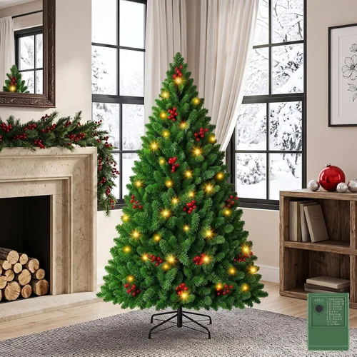 Vista 2 de NEWBULIG Árbol de Navidad preiluminado de 4.5 pies con bayas rojas Verde