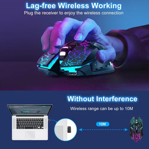 Vista 2 de Mouse inalámbrico para juegos, mouse inalámbrico recargable con carga rápida tipo C, mouse ergonómico con 3 DPI ajustables, 6 botones silenciosos