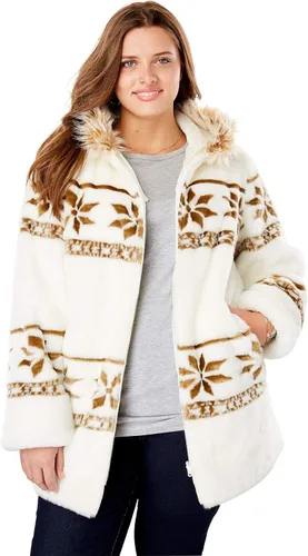 Vista 5 de Woman Within Chaqueta con capucha de piel sintética con estampado de copos de nieve para mujer
