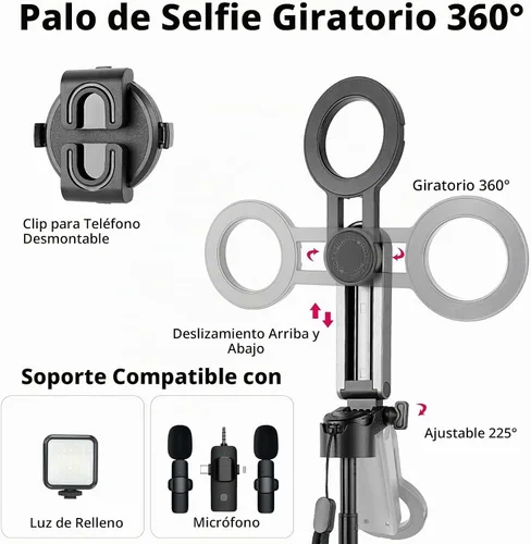 Vista 4 de WOVTE Palo selfie magnético 4 en 1, trípode MagSafe de bolsillo portátil para iPhone con control remoto desmontable, rotación de 360° para iPhone