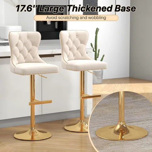 Vista 6 de Juego de 2 taburetes de bar, taburetes giratorios de terciopelo con respaldo copetudo, asiento ajustable con ribete de cabezas de clavos, sillas