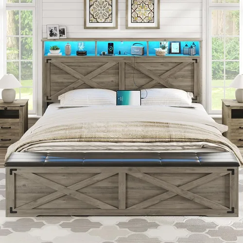 Vista 3 de DICTAC - Base de cama estilo granja tamaño Queen con cabecera de almacenamiento y estación de carga, base de cama de plataforma de madera