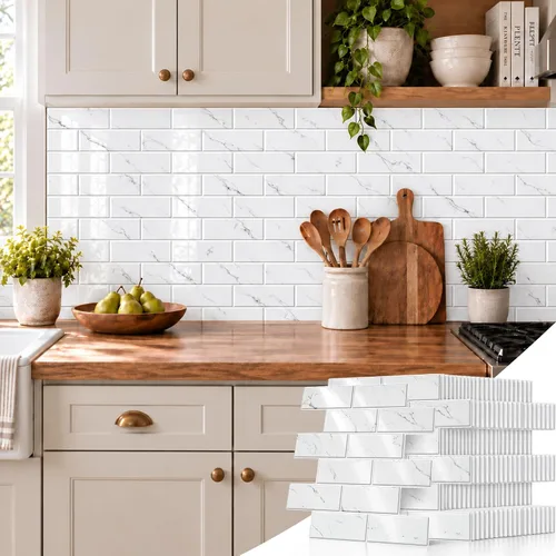 Vista 8 de WADILE Azulejos de cristal para despegar y pegar, color blanco Mármol Blanco