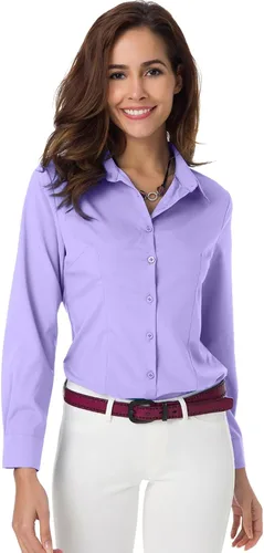 Vista 7 de Atnlewhi - Camisa de trabajo clásica con botones, manga larga, elástica, formal y casual para mujer
