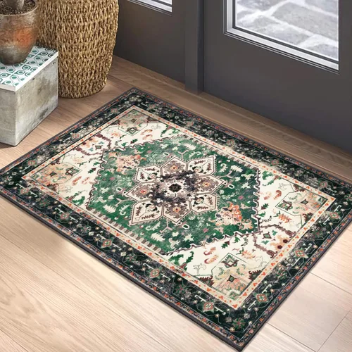 Vista 9 de Yamaziot Tapete lavable de 2 x 3 pulgadas, para entrada pequeña, antideslizante, estilo bohemio vintage, reverso de goma, lana sintética de pelo