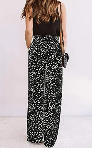 Vista 4 de ECOWISH - Pantalón para mujer, de algodón suave, estilo palazzo de pernera ancha con bolsillos, cintura alta, informal, holgado y con cinturón