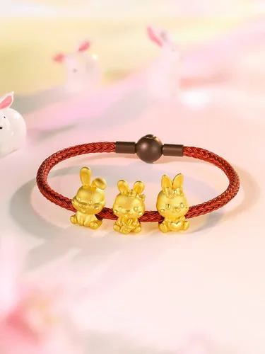 Vista 8 de ZHOU LIU FU Pulseras de oro real para mujer, pulsera de conejo de la suerte, joyería de oro de 24 quilates, pulsera roja, dije de oro sólido