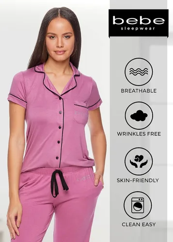 Vista 3 de bebe Womens Plus Size Pajamas, Notch Collar Top and PJ Pant, Plus Size Pajamas for Women Set 3X, 2X, 1X