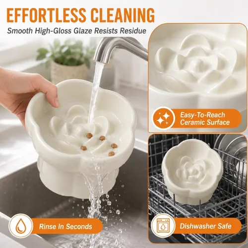 Vista 8 de Cuencos de alimentación para mascotas, cuenco elevado de cerámica para perros, cuenco elevado inclinado en 10° con diseño de flores, base Blanco