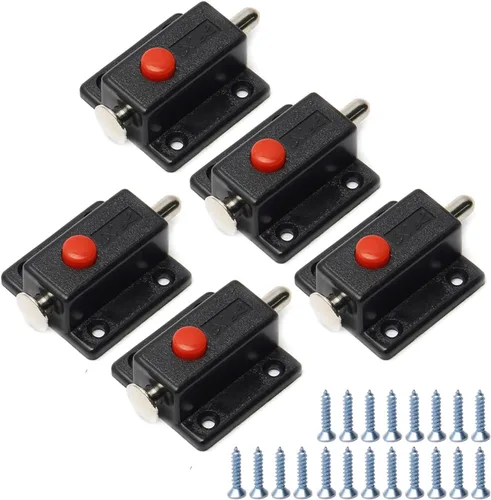 Vista 10 de MroMax Pestillo de perno de puerta con resorte, cierre deslizante de plástico ABS negro con botón de interruptor para puerta, gabinete, accesorios