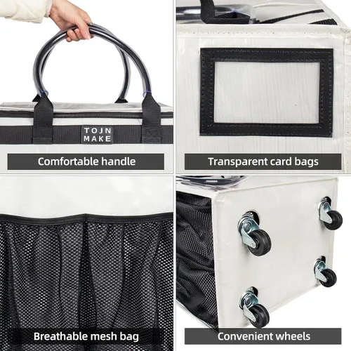 Vista 6 de Bolsa de comestibles reutilizable sobre ruedas, carrito de compras con 8 bolsillos y cubierta con cremallera, bolsa plegable con ruedas, asas