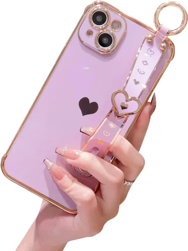 Vista 10 de Lindo corazón de amor para niñas mujeres lujo chapado borde parachoques suave TPU a prueba de golpes caso con soporte de pulsera para iPhone Negro