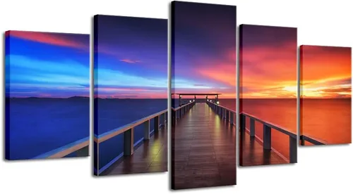 Vista 7 de Pyradecor 5 paneles tamaño XL atardecer, puente, impresiones en lona HD, paisajes del mar, arte en lona, paisajes para el hogar, decoración