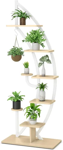 Vista 10 de Giantex Soporte para plantas de metal de 6 niveles para interiores, círculo luna-blanco