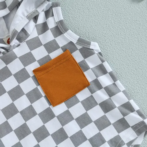 Vista 18 de Conjunto de ropa de verano para bebé niño y niño, diseño a cuadros, manga corta, sudadera con capucha y pantalones cortos casuales