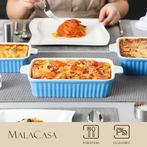 Vista 4 de MALACASA Cacerola para horno, platos de cerámica para hornear, juegos de 4 platos de cerámica, sartenes rectangulares para lasaña profundas con asas
