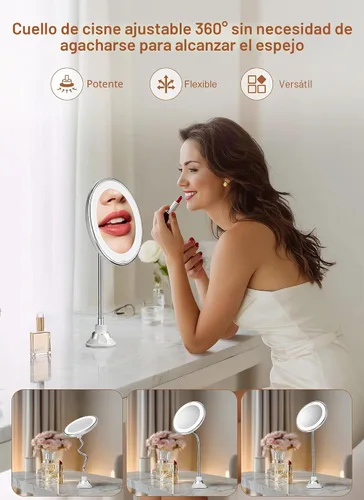 Vista 7 de Brightown Espejo de aumento con luz y 10 aumentos, flexible de cuello de cisne con luces y aumento, funciona con pilas, inalámbrico con ventosas