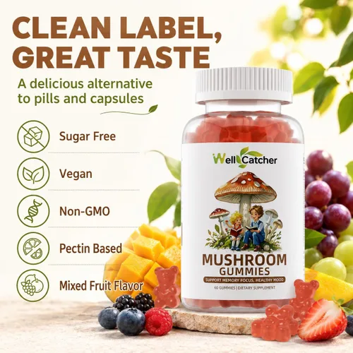 Vista 7 de Suplemento de gomitas de hongos con Ashwagandha - Suplemento de hongo de melena de león para adultos y niños con Reishi Cordyceps suplementos
