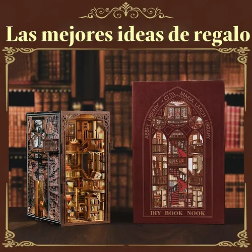 Vista 6 de MiniCity Kit de rincón de libros de bricolaje, escena de madera en miniatura 3D con luces LED, cubierta de polvo y herramientas para decoración