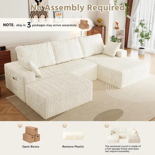 Vista 5 de Sofá seccional en forma de U de 108 pulgadas con otomana, sofá seccional modular de pana con asiento profundo, sofá modular moderno en forma de L