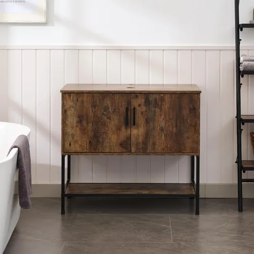 Vista 46 de UEV Juego de tocador de baño antiguo de 24 pulgadas, color marrón oscuro con lavabo, armario de baño de madera de hierro con grifo de temperatura