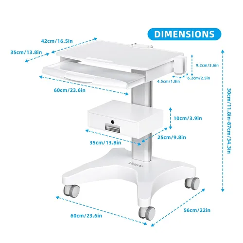 Vista 5 de Carrito médico con bandeja para laptop y soporte para escáner oral, estación de trabajo móvil sobre ruedas con cajón para hospitales, clínicas