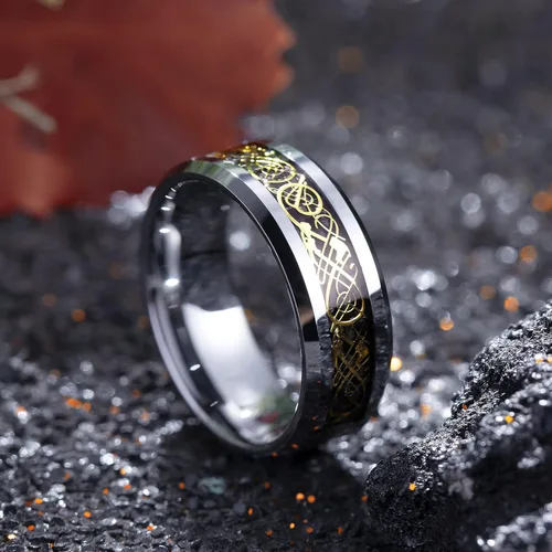 Vista 2 de King Will DRAGON - Anillo de carburo de tungsteno para hombre, 0.315 in0.236 in0.197 in, rojoverde, fibra de carbono, negro, dragón celta, ajuste