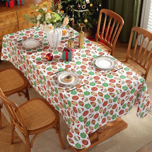 Vista 2 de Mantel de Navidad de vinilo con reverso de franela, rectangular, 52 x 70 pulgadas, patrón de bolas de Navidad, 100% impermeable, mantel de plástico