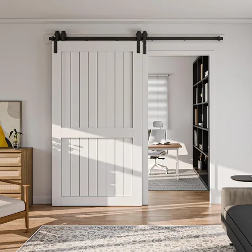 Vista 3 de CCJH Kit de herrajes para puerta corrediza de granero de 4 pies para 2 puertas, sistema de riel de un solo riel deslizante suavemente