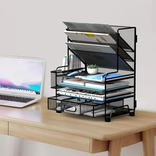 Vista 6 de MINDEPOT Organizador de papel de 4 niveles + soporte para archivos de 3 bolsillos + cajón + soportes para bolígrafos, organizador de archivos