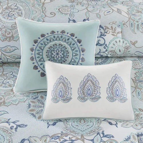 Vista 9 de Madison Park Juego de temporada, falda de cama a juego, almohadas decorativas, Queen (90 x 90 pulgadas), Isla, medallón floral azul, 8 piezas