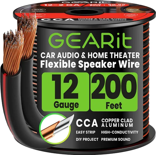 Vista 12 de GEARit Cable de altavoz de calibre 12, cable de altavoz de 20 pies para audio de automóvil, cine en casa, CCA (negro) Cable de altavoz negro