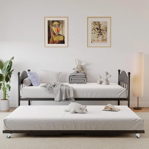 Vista 8 de IDEALHOUSE Sofá cama individual de metal con nido desplegable, cama de plataforma de listones de acero resistente con cabecera elegante, marco