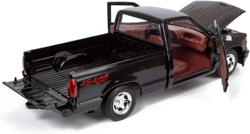 Vista 6 de All Star Toys 1992 Chevy C1500 454SS Pickup Truck a escala 1/24, modelo de coche fundido en metal negro con interior rojo Silverado 454 SS Motormax