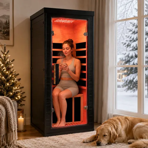 Vista 18 de Sala de sauna de infrarrojo lejano de 1350W para el hogar, sauna de madera canadiense de Hemlock de calentamiento rápido bajo EMF, luz de sauna que