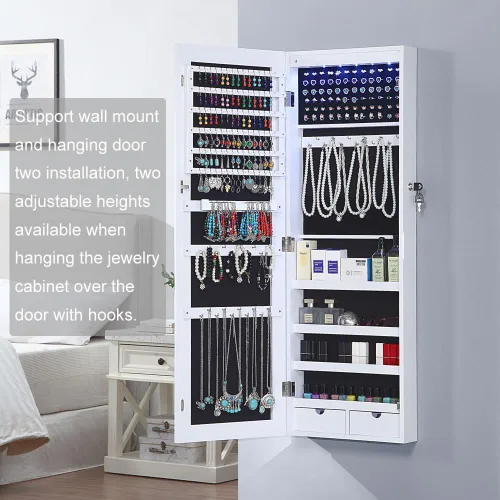 Vista 5 de GISSAR Armario de joyería con espejo de 6 LED, organizador de joyas montado en la paredpuerta con espejo de longitud completa, gabinete colgante