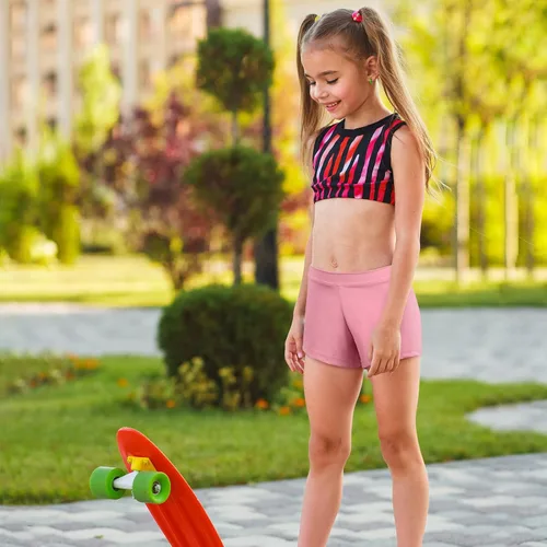 Vista 5 de Ruisita Paquete de 2 pantalones cortos de talle bajo para niña y niño, cómodos pantalones cortos de baile y bicicleta