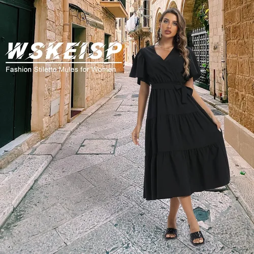 Vista 5 de WSKEISP - Sandalias abiertas de tacón alto de aguja y puntera cuadrada abierta, para mujer