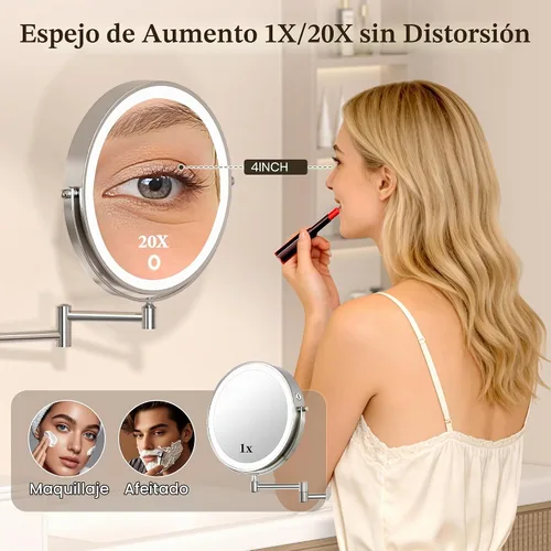 Vista 2 de Espejo de maquillaje iluminado grande de 9 pulgadas, espejo de aumento recargable de 5000 mAh con 3 luces de color regulables al tacto, brazo Pearl