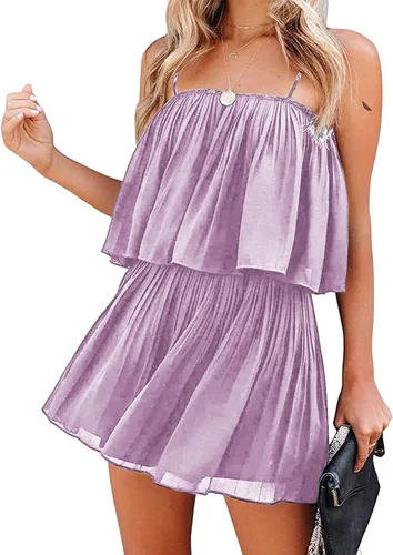 Vista 3 de LYANER Mono corto con tirantes delgados para mujer, sin mangas, plisado, con vuelo